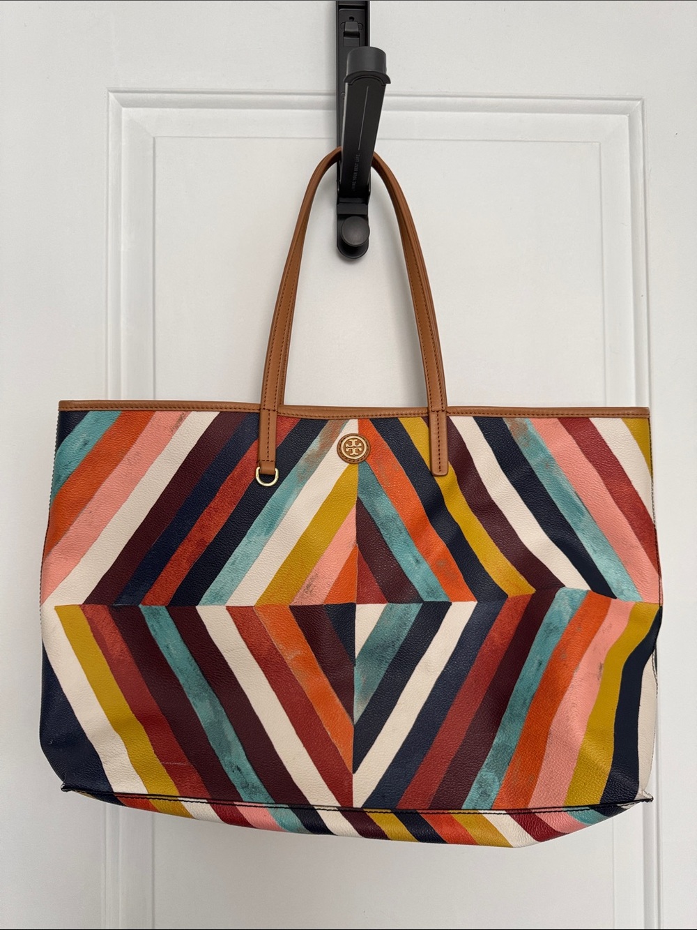 Tory Burch Multicolor Chevron Stripe Canvas Tote with Tan Leather Handles